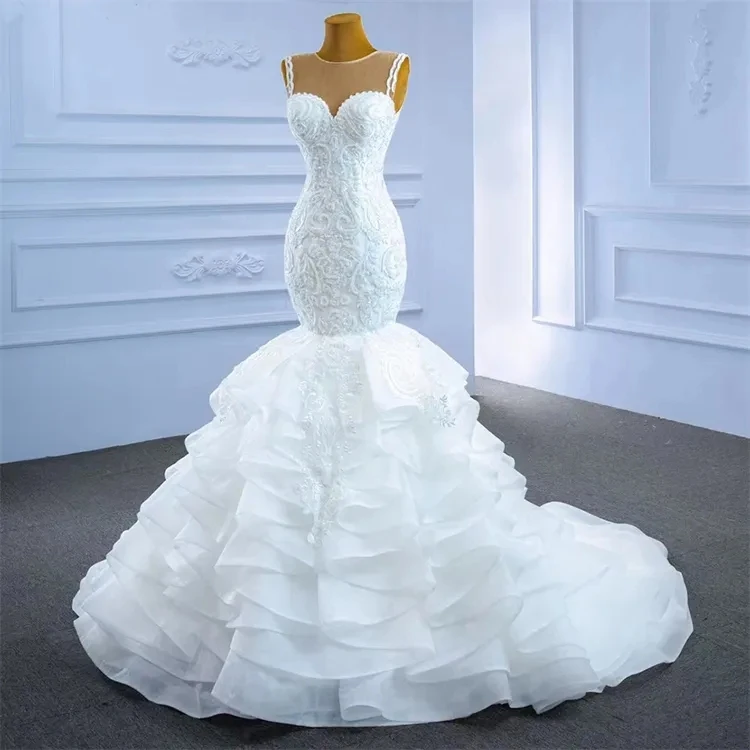 2024 Customize African Sleeveless Round Neck Mermaid Wedding Bridal Dresses Ruffle Fish Tail Wedding Dress Bridal Ball Gown