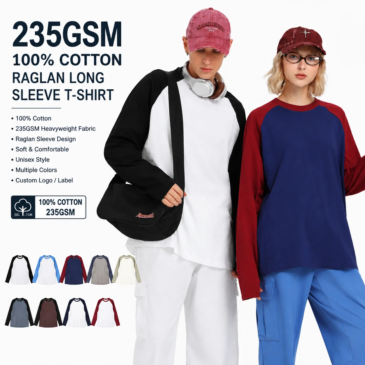 235GSM 100% Cotton Raglan Long Sleeve T Shirt Unisex Heavyweight Streetwear Custom Logo Blank Shirt
