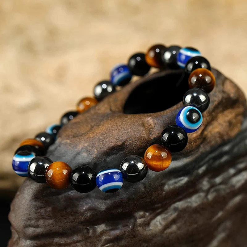 Triple Protection Evil Eye Bracelet Tiger Eye Hematite