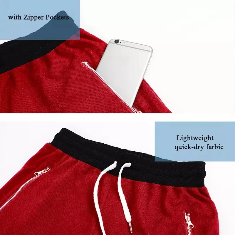 Pantaloncini in poliestere da allenamento per presa da uomo personalizzati Pantaloncini in rete atletica da uomo con coulisse da palestra ad asciugatura rapida con tasca con cerniera solida377_voghion.com