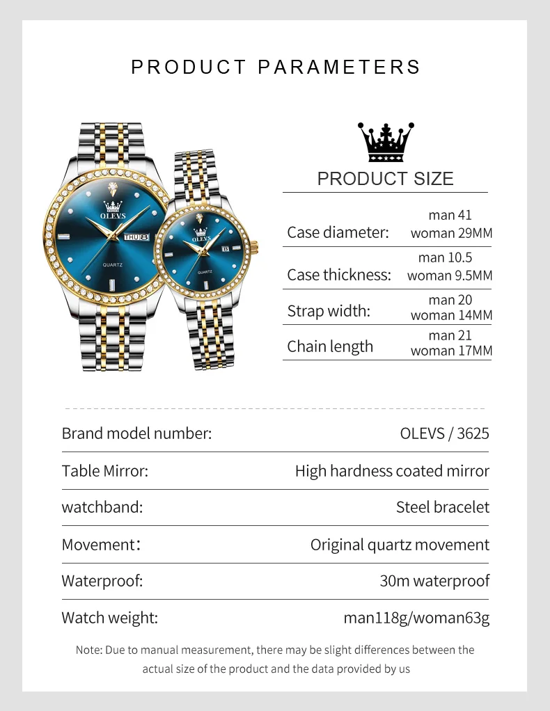 OLEVS 3625 Couple Women and Men Watches Fashionable Style Stainless Steel Material Luminous Hands Simple Dial Design Wrist Watch