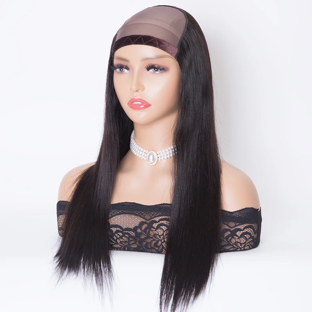 16 inch 150% density straight texture natural black color machine weft U-part Hat wig