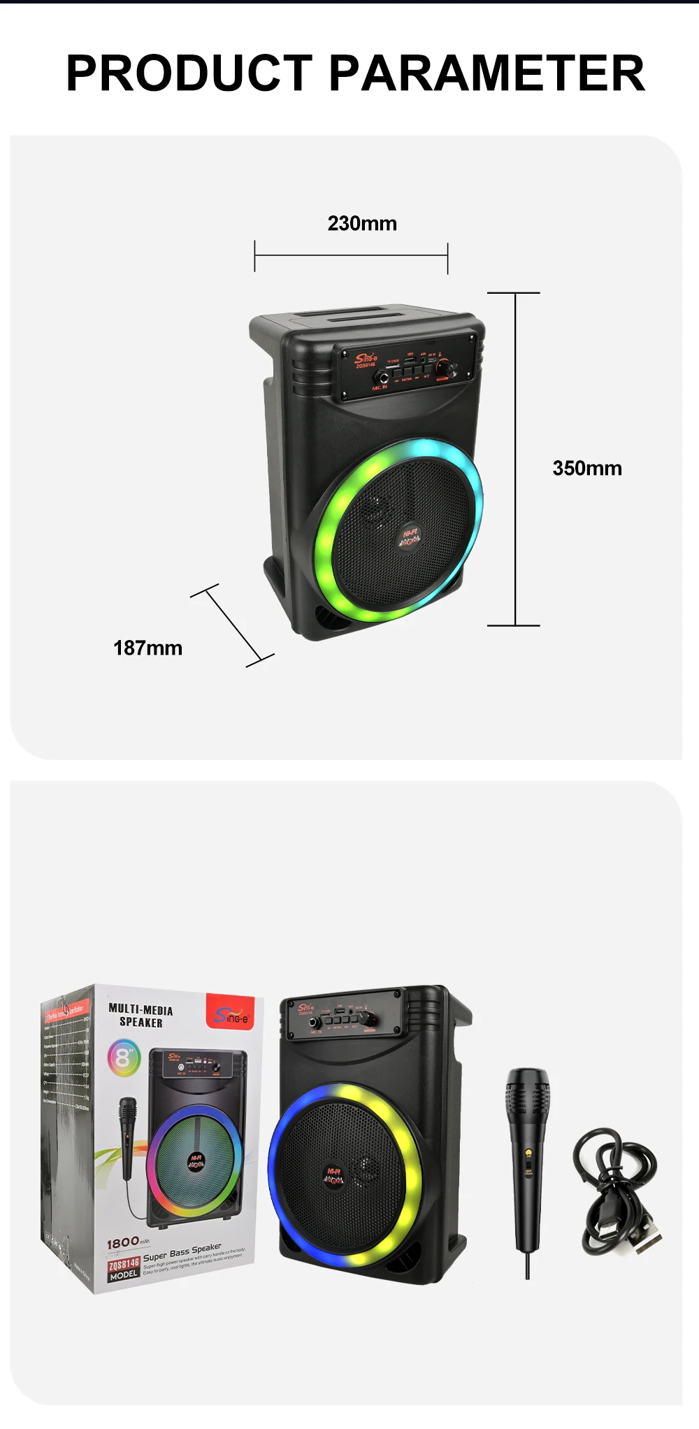 Sing-e ZQS8146 Portable Rechargeable BT Speaker with RGB Lighting