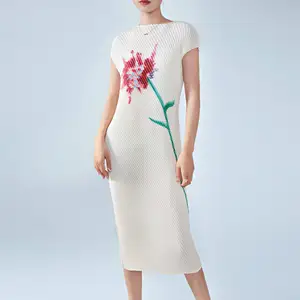 Miyake Pleated Sleeveless Elegant Design Dress New Arrival Stretchy Floral Print  Casual Women's Dresses