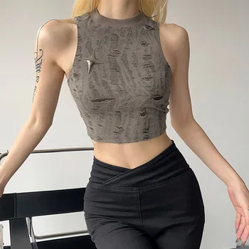 American Women's 2024 summer new solid color street fashion sleeveless frosted crop vest women