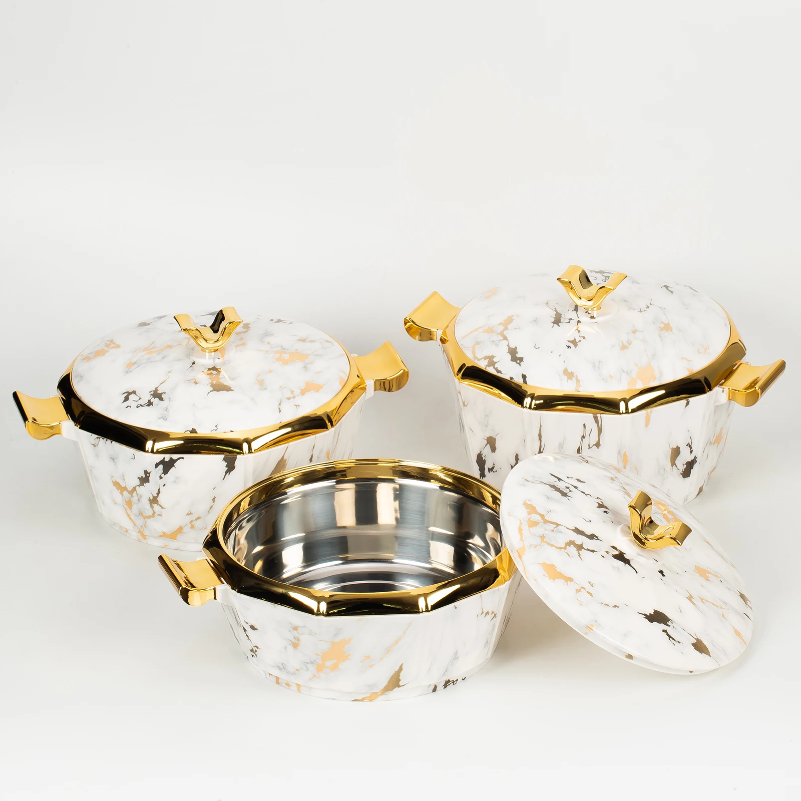 3-Piece Luxury Insulated Stainless Steel Casserole Set 2L 3L Kitchen  Serving Bowls with PU Lid for Hot Cold Food