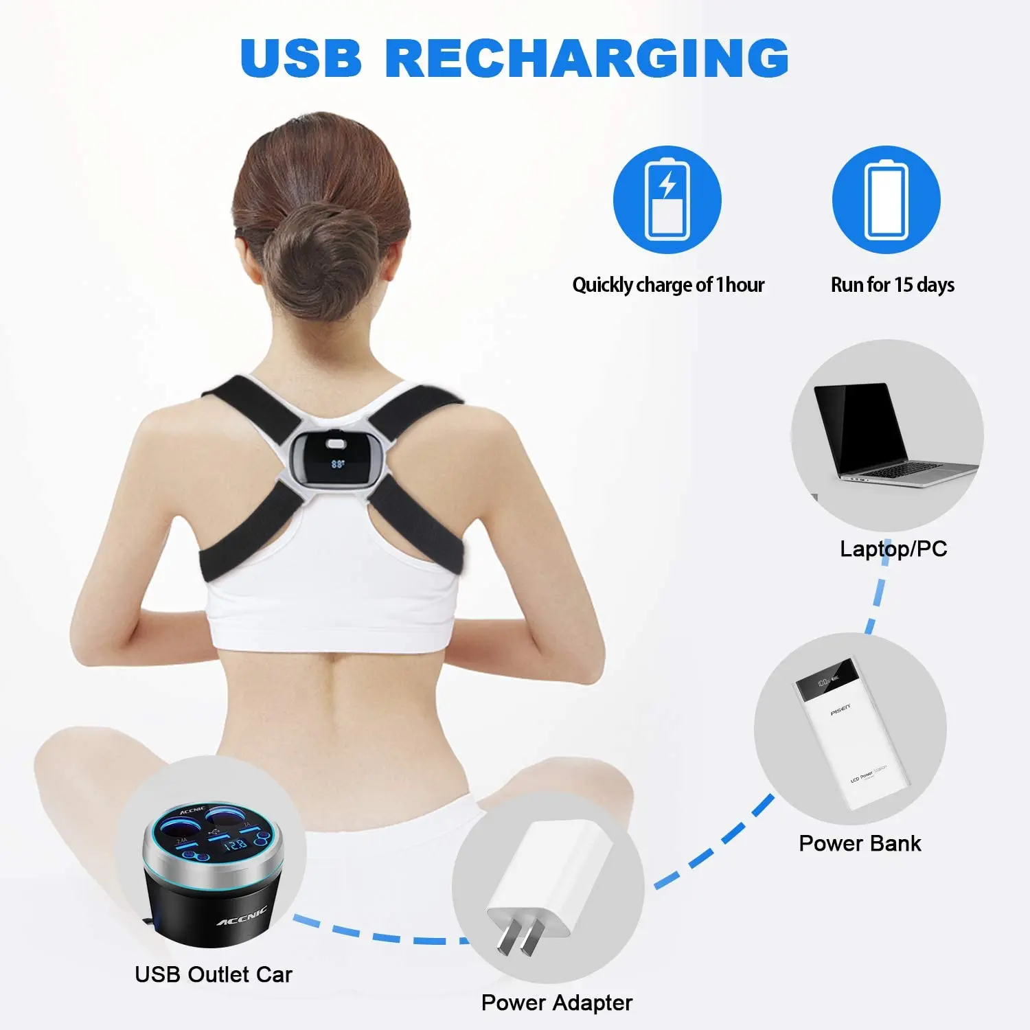 Electronic Posture Reminder Smart Posture Corrector with Sensor Vibration Adjustable Under Clothes Invisible Posture Trainer