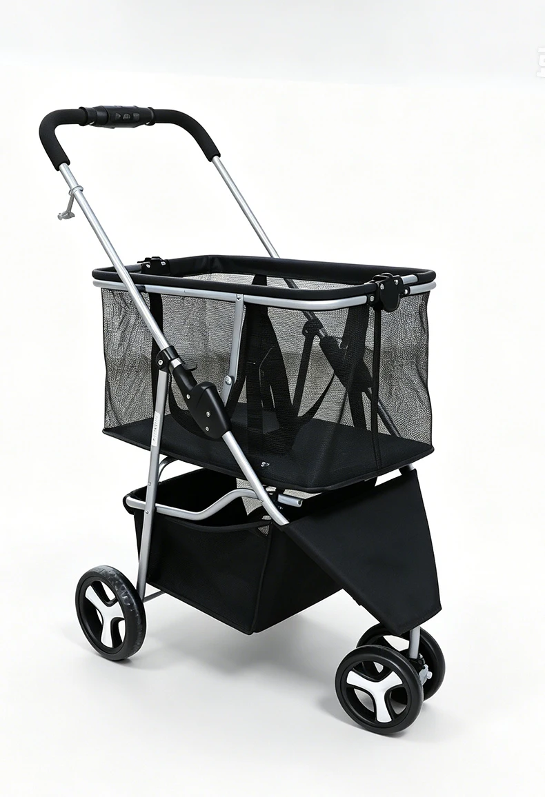 product new 3 wheel double layer pet stroller one click fold detachable hand pull cart multifunctional outdoor shopping grocery basket-8