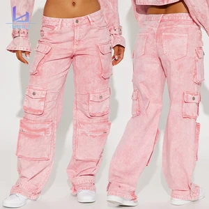 Huili Manufacturer Custom Trenting Stone Washed Multi Pockets Denim Baggy Pants 2025 Vintage Acid Wash pink Crago Jeans Women