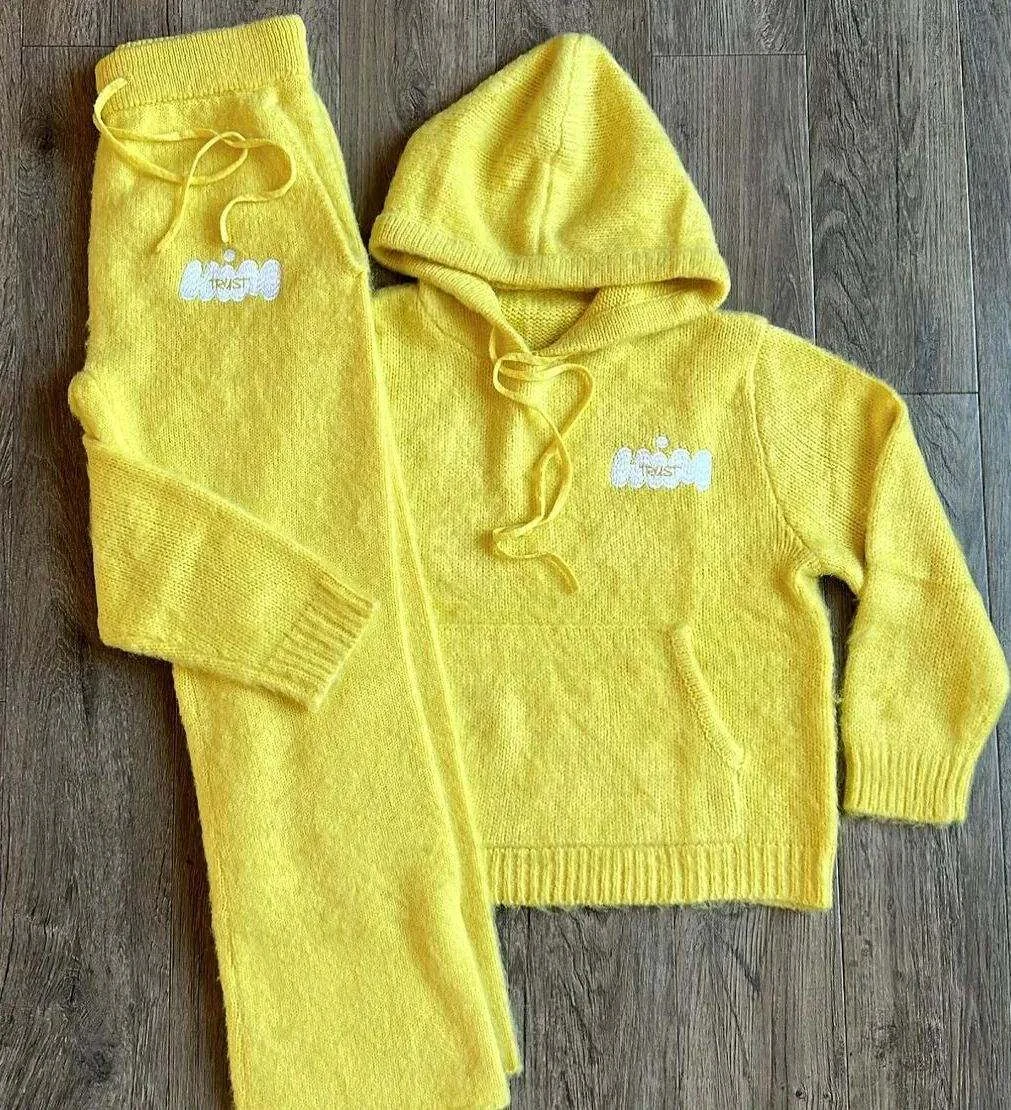 OEM Custom Logo Fuzzy Knitwear Sweater Fashion Knitwear Letter Jacquard Sweater Zip-up Men Streetwear Knit Hoodie Set Unisex gallery 7