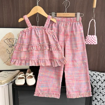 2025 Girls' Cute Pink Sleeveless Strap Top and Plaid Pattern Long Pants Fashionable Casual Summer Two-Piece Outfit Set