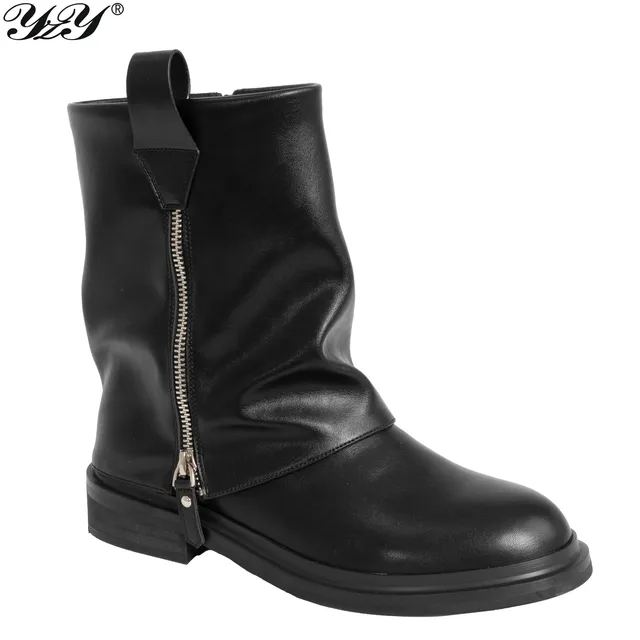 Wholesale YZY Women's Black PU Zipper Knee High Ankle Boots Comfortable Toe Martin Style Anti-Slippery Feature Autumn Winter