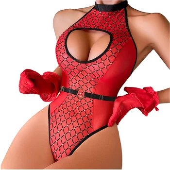 Hot Sale Women's Sexy Jumpsuit with Diamond Plaid Print Mesh Stitching Hollow-out Halter Design New Collection of Underwear