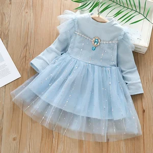1-7 Years Children's Formal Eco-Friendly Girls' Elsa Princess Dress Spring Autumn Long Sleeved Short Skirt Sparkling Gemstone