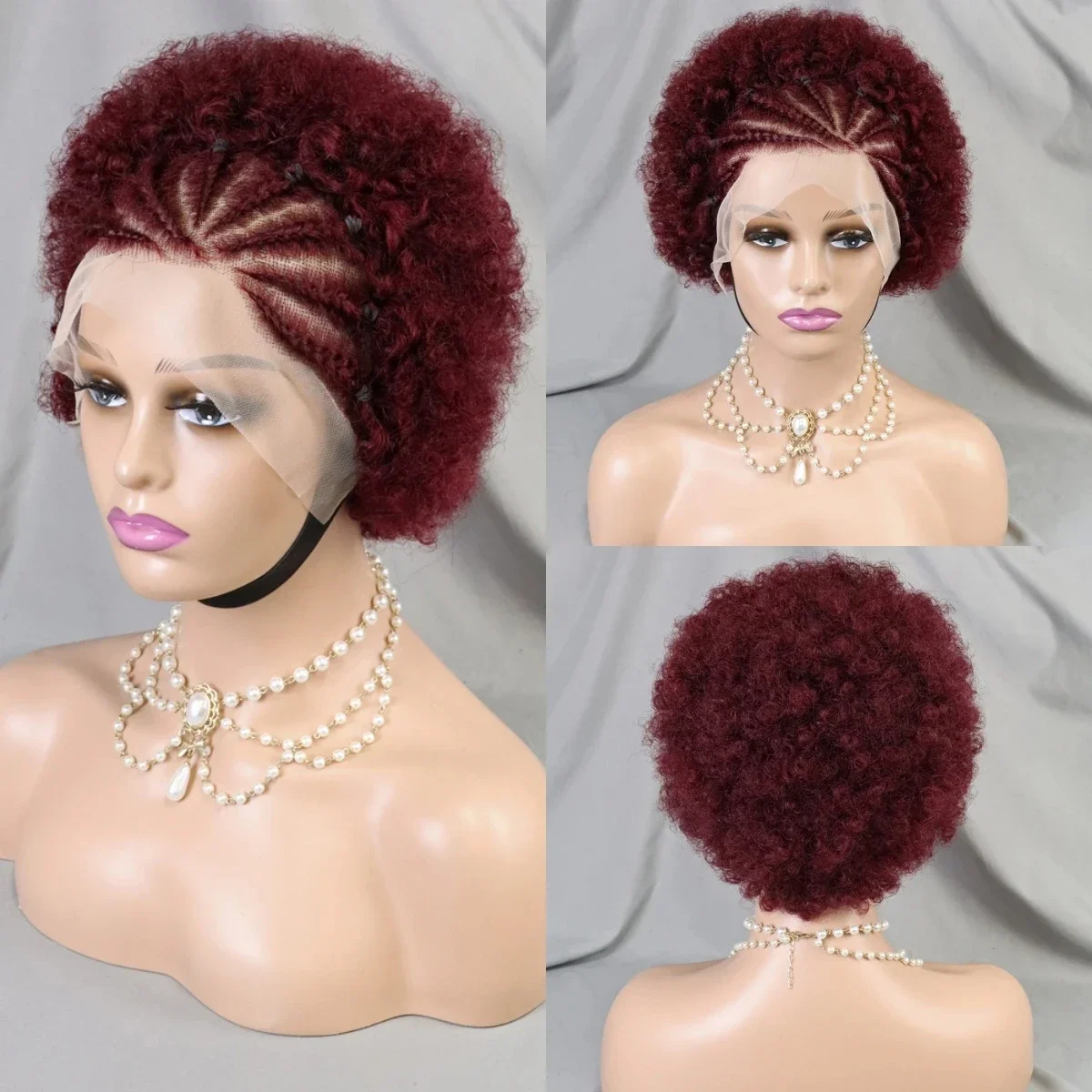 99J Bourgogne Faarf 210% Dicht Afro Kinky Curly Mënschlech Hoer Perück mat Zöpfe Bouncy Curly Bob Perück fir Fraen_voghion.com