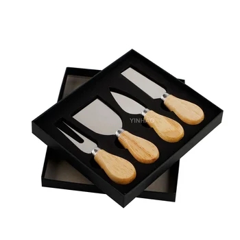 Low MOQ Promotional French Knifes Gift Box Bamboo Rubber Wood Handle Stainless Steel 4pcs Wholesale Cheese Knife Set