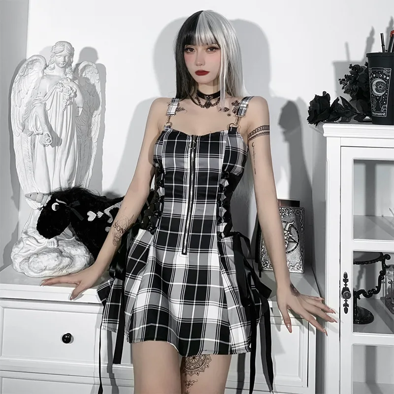 Gothic Plaid Bandage Black Blue Dress Vintage Punk Aesthetic - Main Image