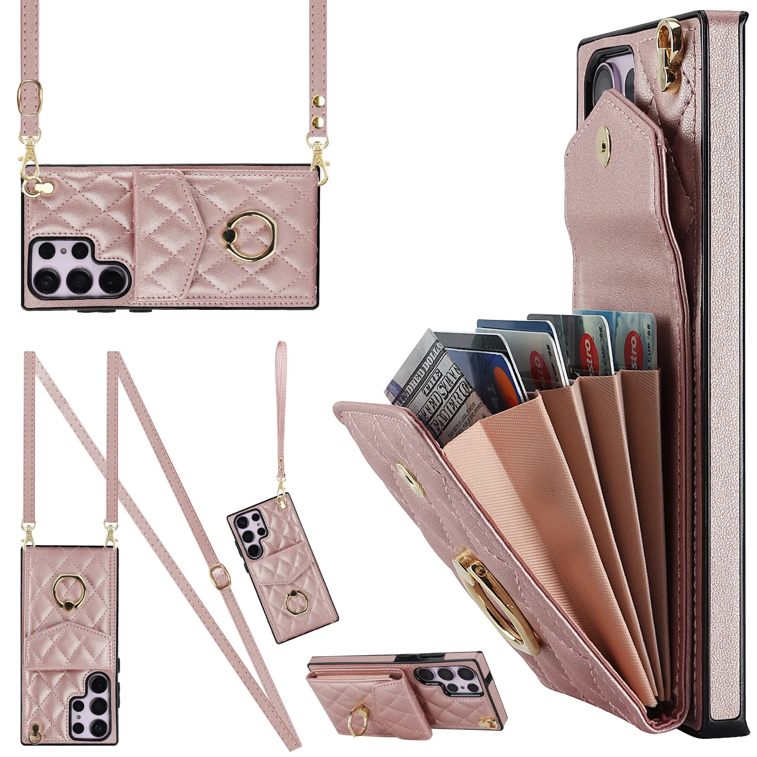 Crossbody Accordion Leather Case with Card Slot and Ring Holder For Phones For Samsung Galaxy S24 S21 Plus Ultra