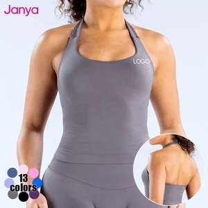 Janya Women's High Elastic Halter Neck Breathable Workout Tank Top Backless Square Neck Gym Sports Vest Seamless Yoga Tank Top