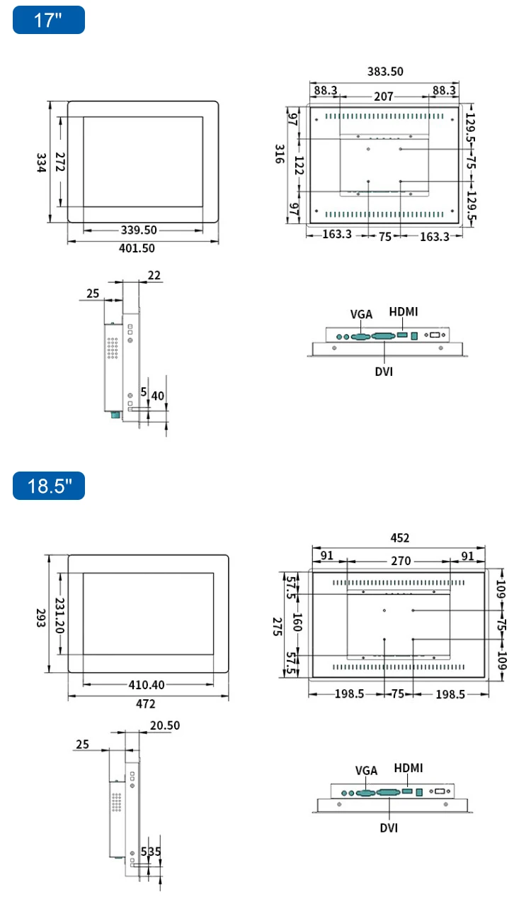 18.5 / 18 Inch VESA Wall Mounted Touch Screen Metal Embedded Touchscreen Industrial Monitor LED Display