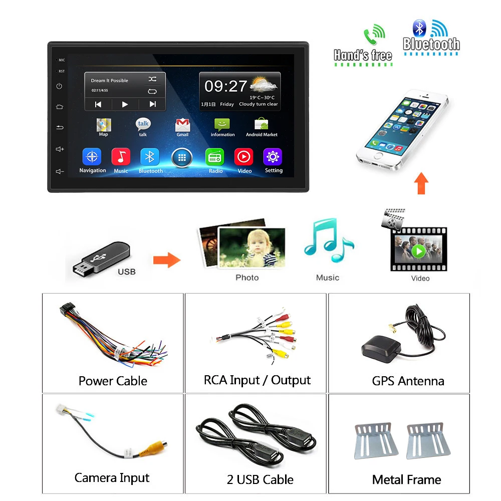 Podofo A2628KT 7'' 2+32GB Android 9.1 Car Radio (12V) Video Stereo 2 Din HD  2.5D Tempered Glass Touch Screen GPS WIFI FM BT