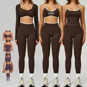High Waist Solid Front Logo Running Fitness Yoga Sets Gym Active Stretch Quick Dry Nylon/Spandex Seamless Long Sleeve