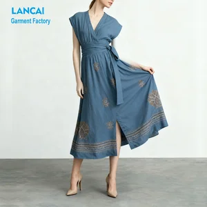 Cut and Sew Apparel Manufacturing Loose-fit Women's Rayon Sleeveless Floral Embroidery Midi Wrap Dresses with Belt