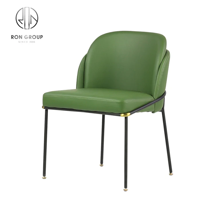 Classical Black Metal Frame Real Leather Dining Chair for Restaurant Kitchen With Green Armrest