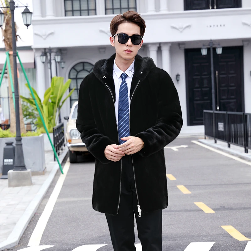 Men's Formal Long Mink Fur Jacket with Suit Collar & Zipper Closure Button Decorated Formal Wear Men's Formal Long Mink Fur Jacket with Suit Collar & Zipper Closure Button Decorated Formal Wear