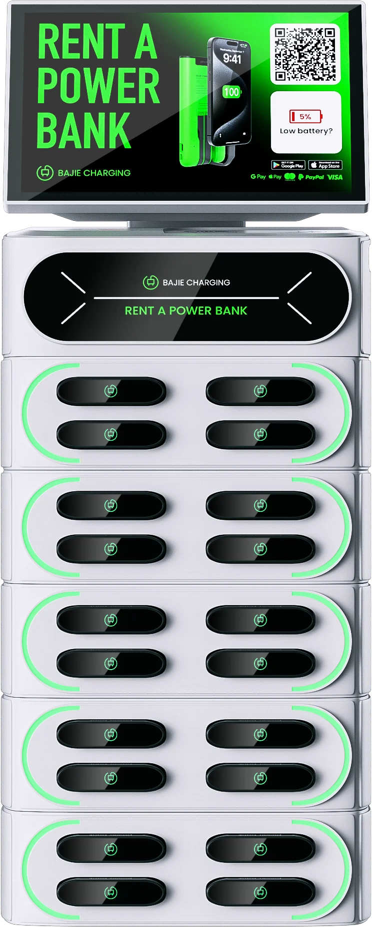20 Slots Touch-screen Integrated Stackable Share Power Bank Rental Station Cell Phone Charging Station Kiosk Sharing Powerbank