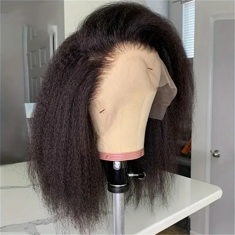 Perucas de cabelo humano brasileiro crespo, liso, curto, renda frontal, para mulheres_voghion.com