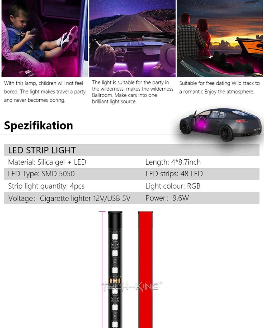 Car cigarette lighter USB plug Interior Lights Strip Decoration Bar Remote/Voice Control 48 LED RGB Car Foot Ambient Light
