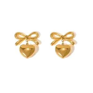Hot New 18K Gold Plated Stainless Steel Drop Heart Pendant Earrings Waterproof Bow Stud Earring for Trendy Girls and Women