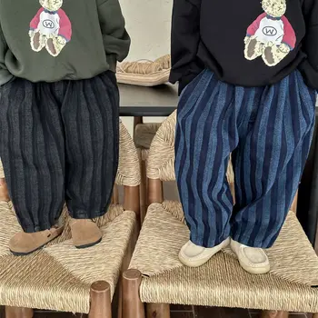 2023 children's fall new cotton vertical jeans pants baby loose wide-leg pants