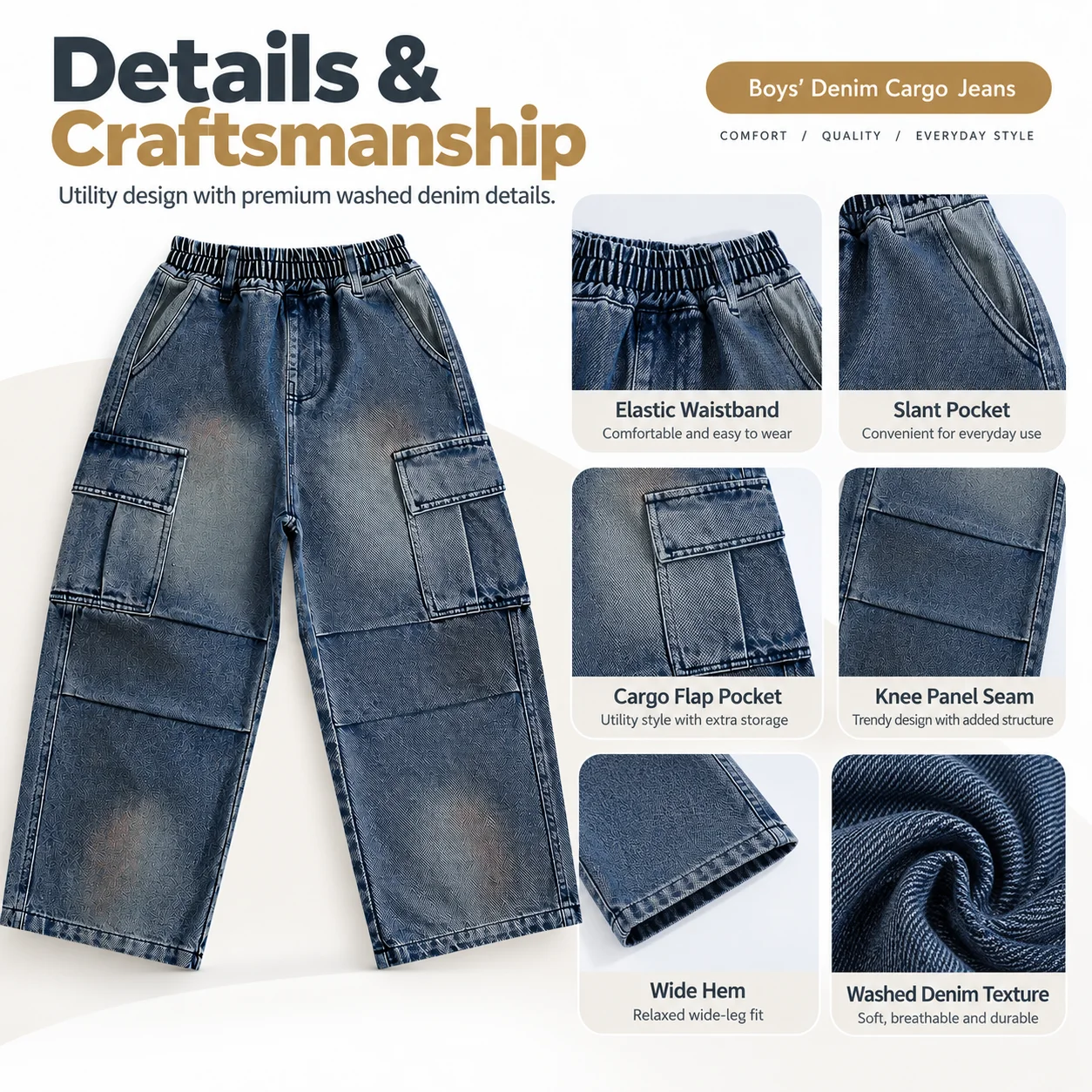 Autumn Teenager Boy Washed Blue Cargo Jeans for 5-15Y