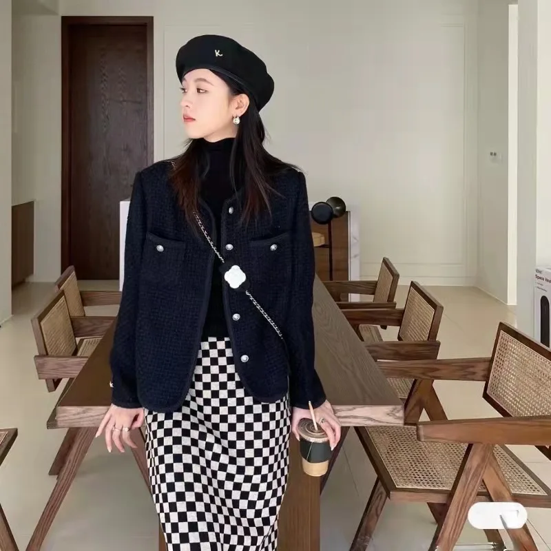 Women's Midi-length Fitness Autumn and Winter Plaid knitted skirt Knitwear High Stretch Girls Skirts