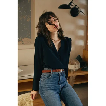 Custom logo and label black 100% pure mulberry silk shirts loose top women long sleeves V-neck silk blouses