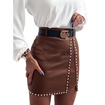 Women Autumn Sexy Beading Split Pu Leather Skirt Vintage Elegant Black Party Short Skirts