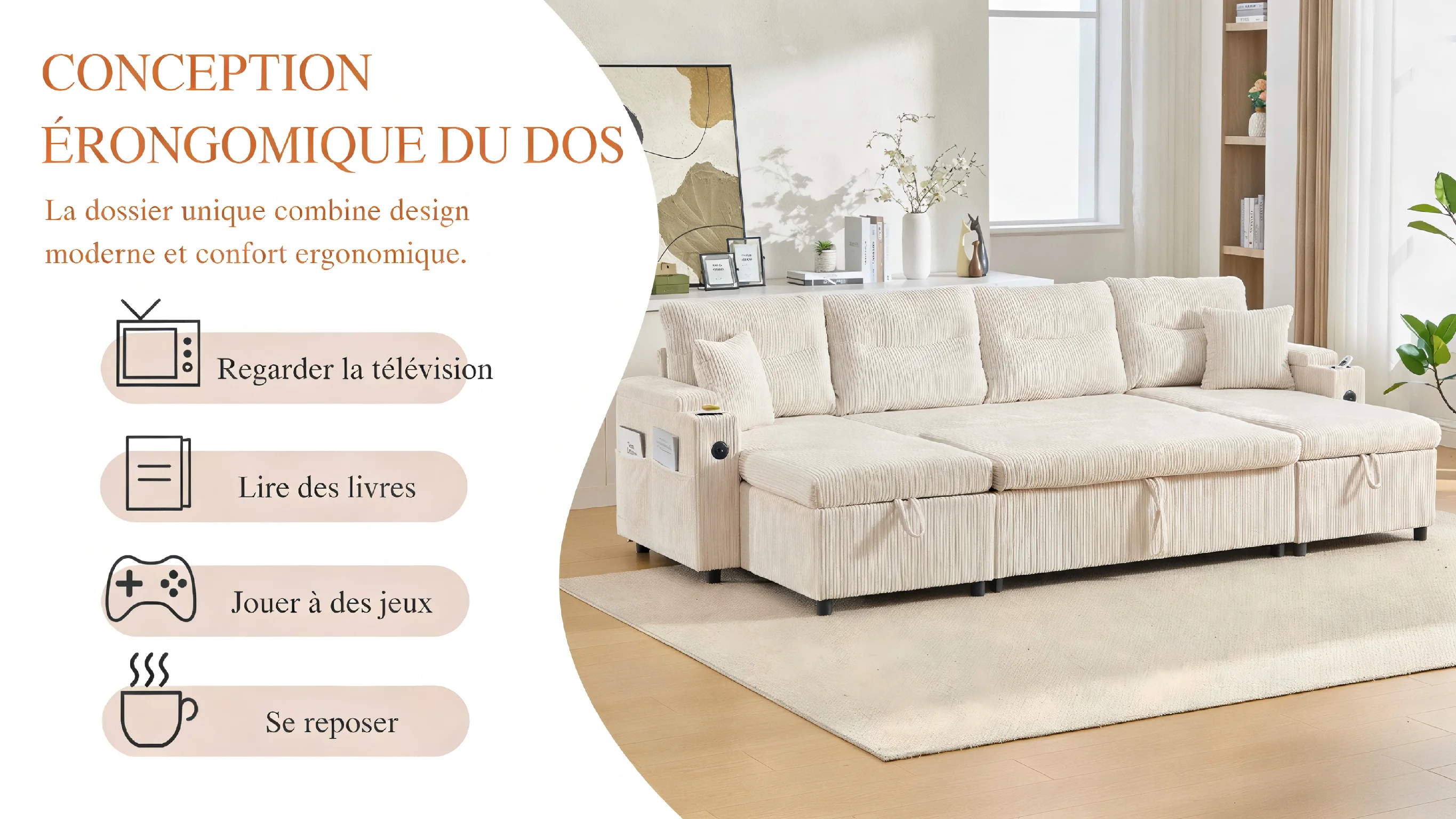Accoudoirs multifonctionnels canapé rangement caché et porte-gobelets