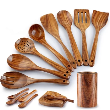 15-Piece Kitchen Camping Cooking Utensil Set Non-Stick Spatula Spoon Wood Handle Natural Teak Box Packing for Home Salad Cooking