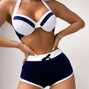 Summer Latest Style Shorts Swimwear Colorblock Halter Push up Two Pieces Women Sexy Bikini Swimsuit