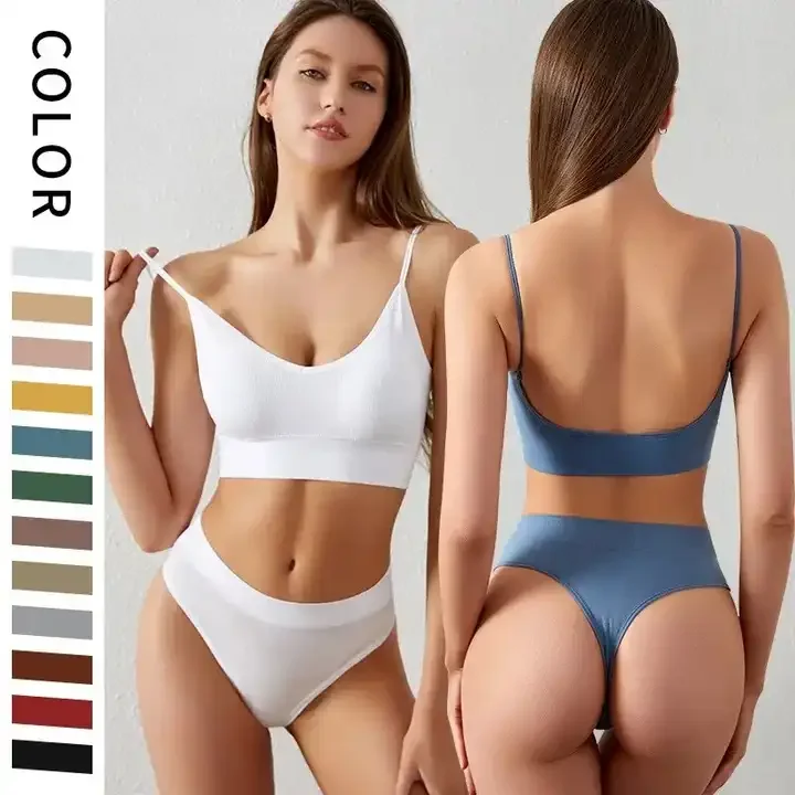 French Backless Push up Underwear Set Women G-String Seamless Bralette Female Lingerie Soft Tank Crop Top Gym Sport Bra Set