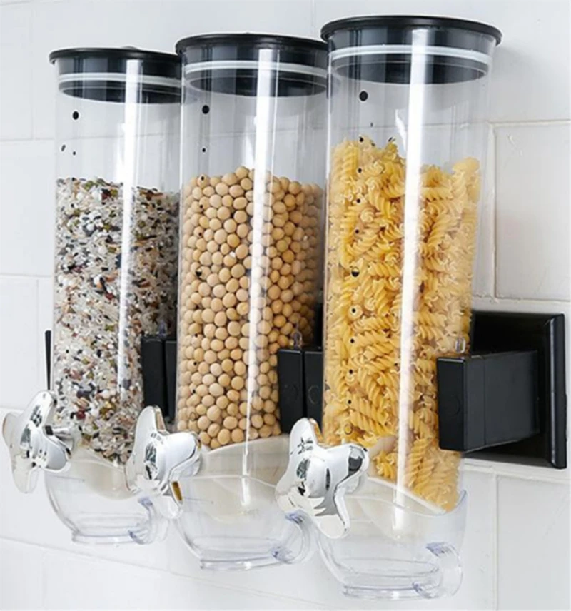 Double Triple dispensador de cereales montado en la pared alimento seco Hermético Contenedor de almacenamiento