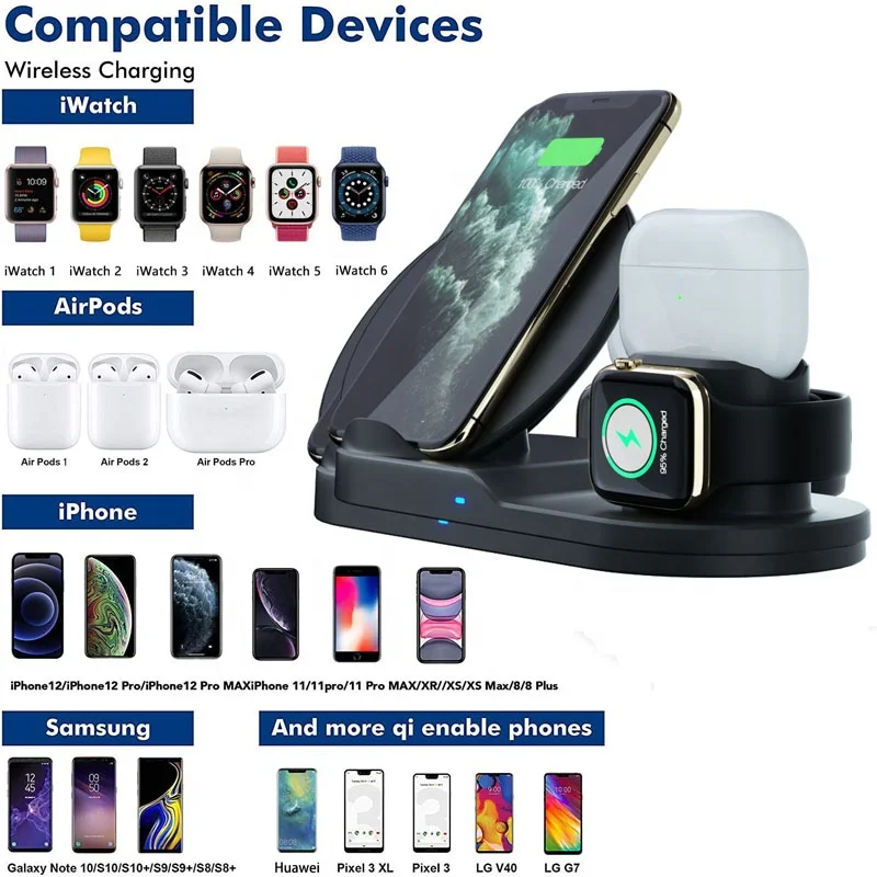 Лидер продаж на Amazon 2021 беспроводное зарядное устройство Qi портативная зарядная станция 3 в 1 для iPhone наушники Air