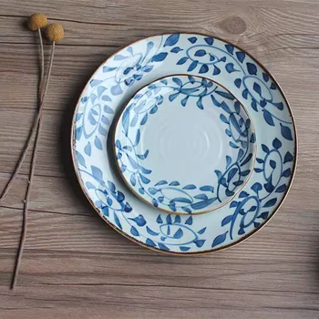 Blue leaf japanese-style shallow whorled disc ceramic disc thick sushi plate small dessert fried rice vegetables plate