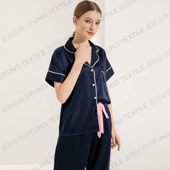 FUNG 6028 Factory wholesale custom satin pajamas women silk 2 piece PJ Set Solid short sleeve satin top and Pants pyjama set