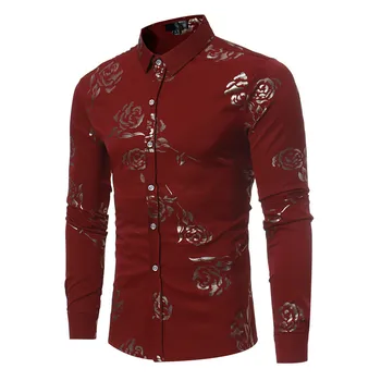Hot sale men cotton polyester slim fit floral rose printed long sleeve casual shirt
