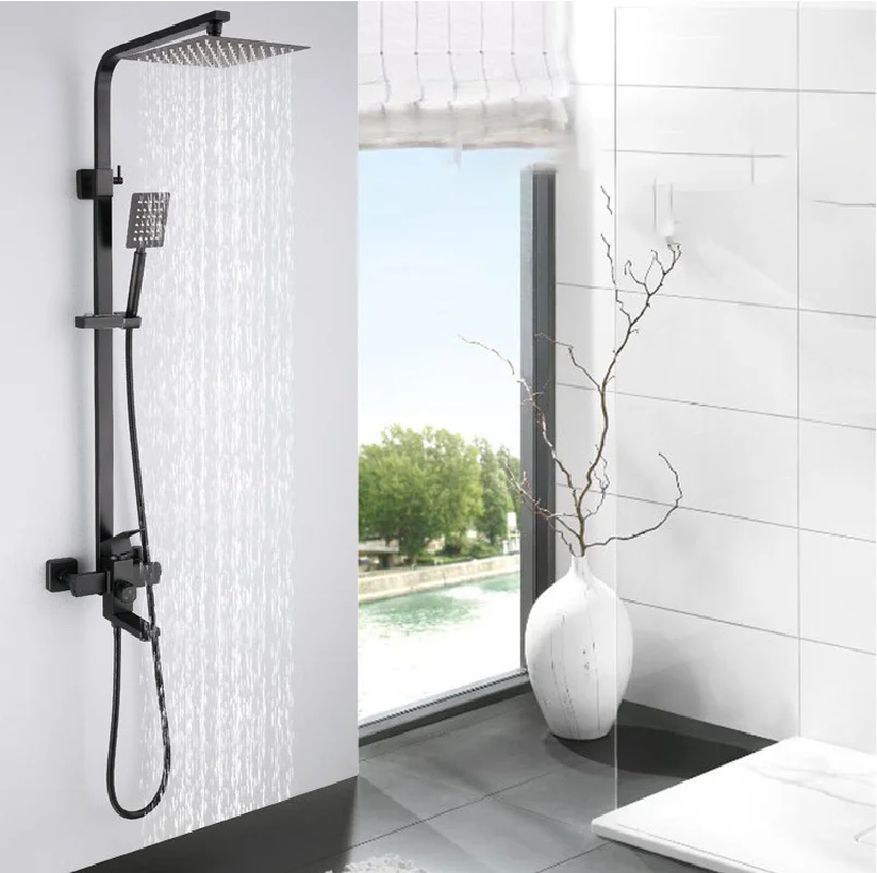 Factory Wholesale Matt Black Bathroom Bath Shower Column Square Rain Black Bath Shower Set with 8 Inch Round Shower Head