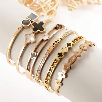 TOP Brand Designer Fashion Jewelry Inspired Designer Bangle Four Leaf Clover Bracelet Stainless Steel Rose Gold plated Bracelet