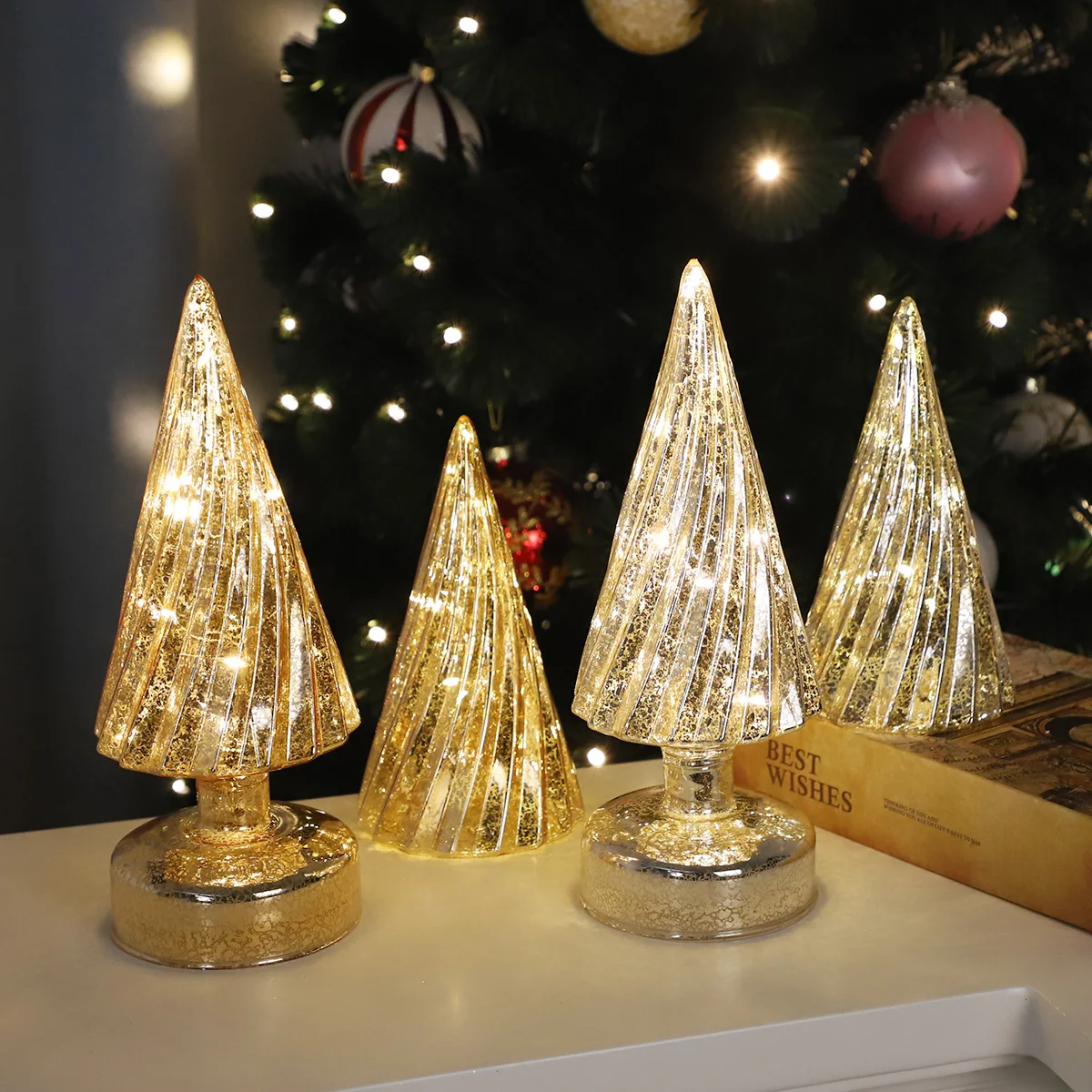 LED Glass Christmas Mercury Tree Tabletop Luminous Lighted Glass Conical Ornaments Holiday Indoor Xmas Tree Suitable for Home